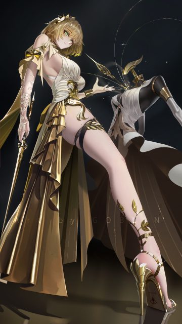 mr goblin honkai: star rail aglaea dress garter heels no bra skirt lift sword tattoo