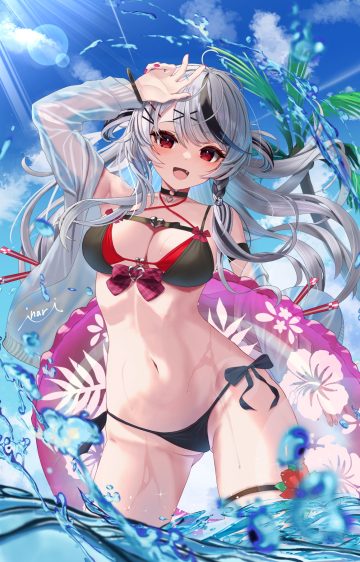 inari (ambercrown) hololive sakamata chloe bikini garter open shirt see through swimsuits thong wet