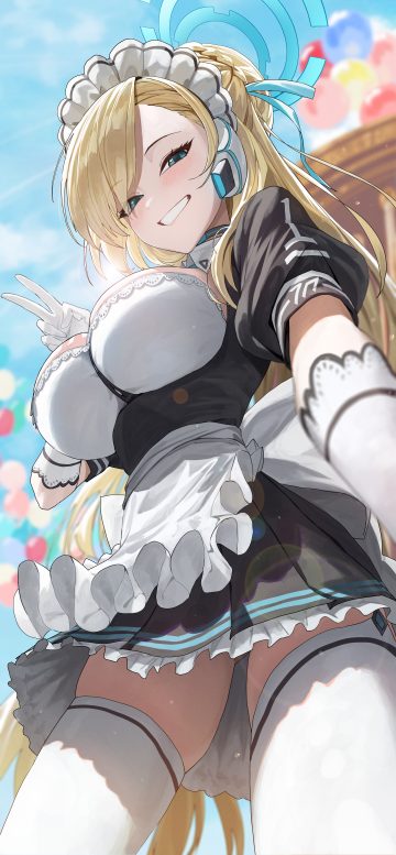 re naya blue archive ichinose asuna halo maid selfie skirt lift thighhighs
