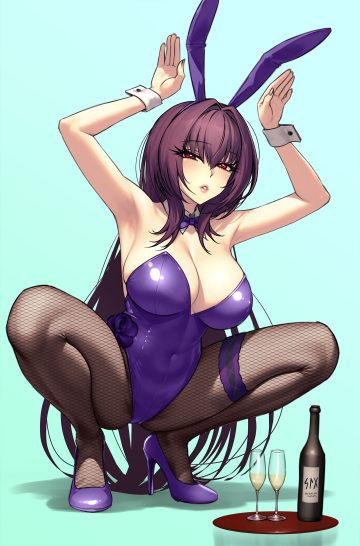 dynamitenatalia fate/grand order scathach (fate) animal ears bunny ears bunny girl fishnets garter heels no bra pantyhose waitress