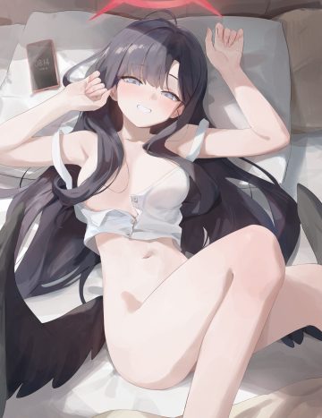 rang go blue archive nakamasa ichika angel bottomless breasts no bra open shirt wings
