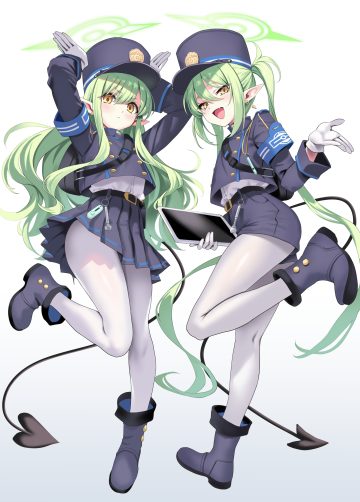 hidis0086 blue archive tachibana hikari tachibana nozomi halo loli pantyhose pointy ears skirt lift tail uniform