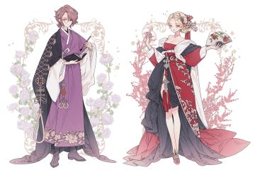 bicolored eyes blonde hair book boots breasts brown hair cape cleavage dress flowers glasses lemon89h male original ponytail red eyes short hair signed tattoo white