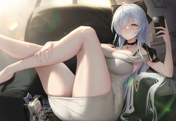 blush bow breasts choker cinderella (nikke) cleavage dress goddess of victory: nikke gray hair ion 932 long hair necklace phone red eyes