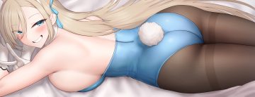 aliasing aqua eyes ass blue archive blush bow breasts brown hair bunnygirl close elbow gloves gloves greenteamousou headband ichinose asuna leotard long hair pantyhose tail