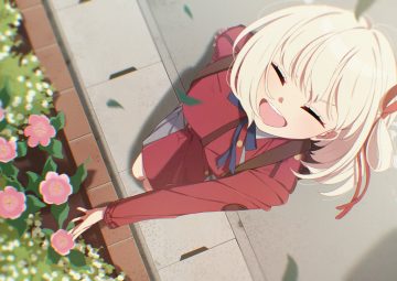 blonde hair blush bow close dress flowers leaves lycoris recoil mochi (m0chi0000) nishikigi chisato ribbons short hair uniform