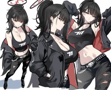 black hair blue archive boots breasts chain choker cleavage halo long hair navel necklace ponytail red eyes shigure s sketch torn clothes tsukatsuki rio white