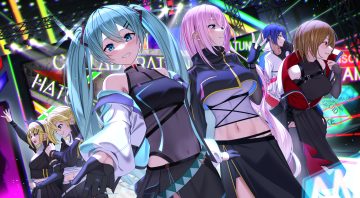 aliasing apple t (ringotyasan) aqua eyes aqua hair blonde hair blue eyes blue hair blush boots brown hair elbow gloves gloves group hatsune miku headband kagamine len kagamine rin kaito leotard long hair male megurine luka meiko navel pink hair red eyes short hair skirt thighhighs twintails vocaloid