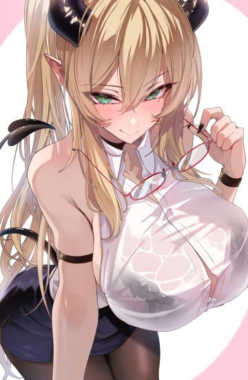 omoti hololive yuzuki choco bra horns lingerie megane open shirt pantyhose pointy ears see through tail wet clothes