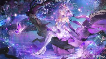 butterfly castorice (honkai: star rail) dress elbow gloves flowers gloves headdress honkai (series) honkai: star rail long hair pantyhose pointed ears purple eyes purple hair tree water watermark xiao xiong keke aoi