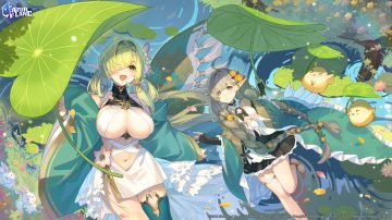 2girls animal anthropomorphism azur lane barefoot bird braids breasts choker de zeven provincien (azur lane) dress elbow gloves evertsen (azur lane) flowers garter gloves grass gray hair green eyes green hair leaves logo long hair manjuu (azur lane) navel petals pointed ears purple eyes rabbit tagme (artist) thighhighs twintails water watermark wristwear