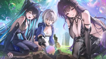 bandaid black hair blush bodysuit breasts bubbles cape cleavage collar elbow gloves garter gloves goddess of victory: nikke grass gray hair group little mermaid (nikke) long hair mask mihara (nikke) mori (nikke) purple eyes short hair torn clothes tree twintails wristwear yellow eyes yuni (nikke) zhu yin (mannermana)