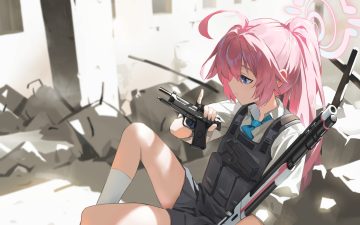 armor blue archive blue eyes gun halo kneehighs long hair pink hair ponytail ruins school uniform shirt shortofsugar skirt takanashi hoshino tie weapon