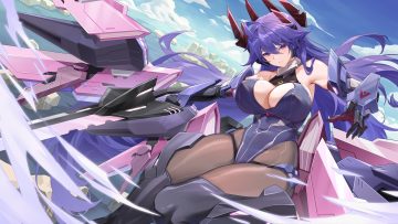 armor blush breasts cherub (starward) cleavage clouds elbow gloves erect nipples gloves lazgear leotard long hair mechagirl pantyhose purple eyes purple hair signed sky starward sword thighhighs water weapon