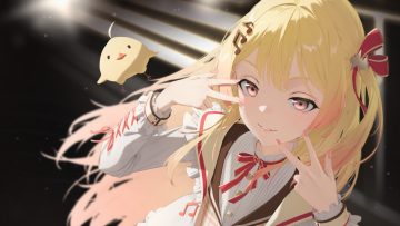 animal bird blonde hair blush bow choker close dress hololive long hair otonose kanade ponytail red eyes ribbons tagme (artist)