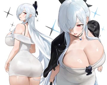 ass blush bow bra breasts choker cinderella (nikke) cleavage close dress goddess of victory: nikke gray hair long hair necklace nhaliz red eyes signed skintight sunglasses underwear white