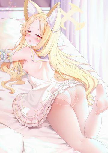 kinoshita ringo (ryve5758) blue archive yurizono seia animal ears ass dress feet halo kitsune loli no bra pantsu pantyhose skirt lift