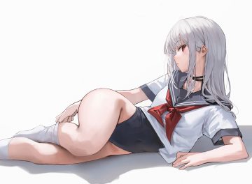 blush choker gray hair kneehighs leviathan (hikinito0902) long hair original red eyes ribbons school swimsuit school uniform shirt sketch swimsuit white