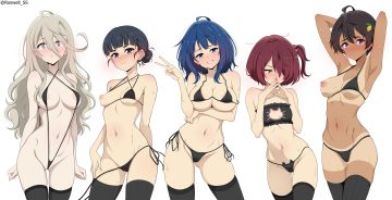 basori tiara bikini black hair blue eyes blue hair blush braids breasts cleavage dark skin gray hair group komari chika long hair make heroine ga oosugiru! navel nipples red hair roswell ss shikiya yumeko short hair swimsuit thighhighs undressing watermark wet white yakishio lemon yanami anna yellow eyes