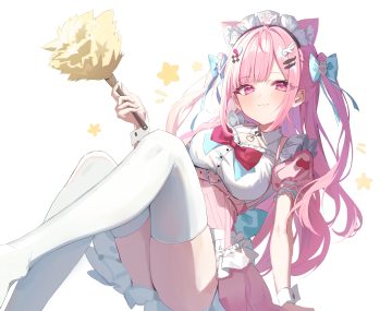 animal ears bow braids catgirl cat smile choker dress headdress long hair maid pink eyes pink hair ri yonn stars thighhighs twintails white wristwear yuuki sakuna