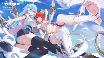 2girls aliasing animal aqua eyes ass azreall barefoot bird blue hair blush boots breasts cameltoe cat smile clouds elbow gloves fang feathers garter glasses gloves horns kneehighs long hair navel original panties red eyes red hair shirt shorts skirt sky tail thighhighs twintails underwear upskirt