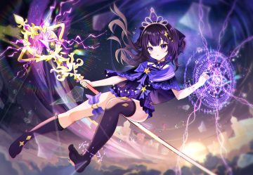 bow building cape choker clouds dress garter kneehighs long hair magic original purple eyes purple hair sakutaishi sky staff thighhighs tiara