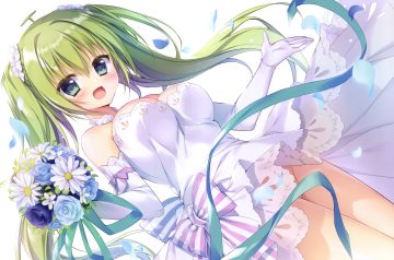 blush bow breasts cleavage dress elbow gloves flowers gloves green eyes green hair long hair matsumiya kiseri melonbooks melon-chan no bra nopan petals ribbons rose scan skirt lift twintails upskirt wedding attire