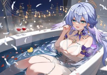 bath bathtub bikini blue hair blush breast hold breasts building choker city cleavage drink feathers green eyes honkai (series) honkai: star rail kkkula (kula) long hair music night petals robin (honkai: star rail) rubber duck signed swimsuit towel water wings