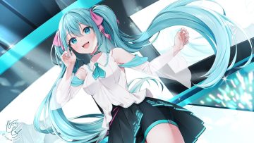 aqua eyes aqua hair blush bow choker hatsune miku long hair nagura shiro shorts signed skirt twintails vocaloid