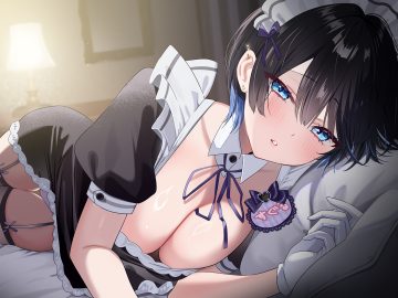 bed black hair blue eyes blush breasts cleavage close gloves headdress maid no bra original panties piyopoyo short hair skirt lift stockings underwear