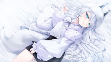 animal ears aqua eyes blush bow flowers foxgirl gray hair hat kurage cc long hair petals shirt skirt tail