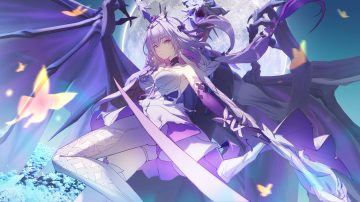 butterfly castorice (honkai: star rail) dragon dress grass honkai (series) honkai: star rail long hair moon pantyhose pollux (honkai: star rail) purple eyes purple hair scythe sketch weapon yuyiosang