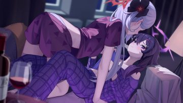 2girls asagi mutsuki blue archive blush dark drink gray hair halo igusa haruka long hair navel open shirt pajamas panties purple eyes purple hair shirt short hair shorts shoujo ai suumon underwear