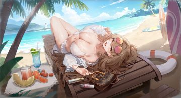 anthropomorphism azur lane beach bikini blush breasts brown hair cat smile cleavage clouds drink food fruit lighthouse lion (azur lane) long hair navel orange (fruit) ponytail shade sky sunglasses swim ring swimsuit tagme (artist) transparent tree water wet wristwear yellow eyes