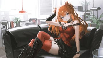 blue eyes book boots breasts choker cleavage couch cross garter belt gothic haruri long hair neon genesis evangelion orange hair signed skirt soryu asuka langley stockings wristwear