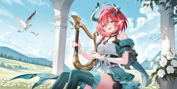 animal bird blush ciaccona (wuthering waves) clouds dress fang flowers grass green eyes horns instrument leaves nanoda002 (saber427) pointed ears ponytail red hair short hair sky thighhighs wristwear wuthering waves zettai ryouiki