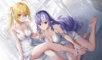 2girls barefoot blonde hair bow breasts cleavage dress headdress long hair luciana de montefio pointed ears ponytail purple hair red eyes signed skirt lift swkl:d vivian banshee zenless zone zero