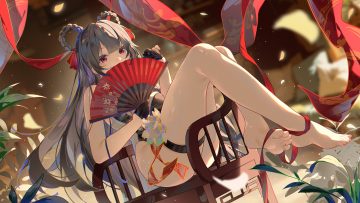 barefoot braids chinese clothes chinese dress dress fan flowers garter gloves goddess of victory: nikke gray hair leaves long hair red eyes ribbons yan (nikke) yu e baba