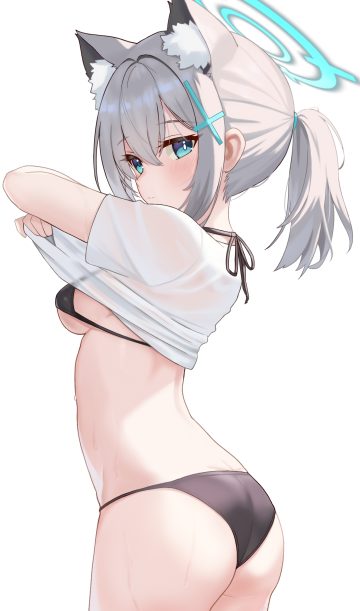 fanteam blue archive sunaookami shiroko animal ears ass bikini halo nekomimi see through shirt lift swimsuits undressing wet wet clothes