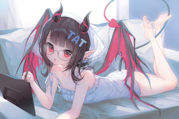 ass barefoot brown hair computer couch demon dress glasses headdress horns ichita (yixisama-shihaohaizhi) loli original panties pointed ears red eyes skirt lift tail underwear wings