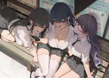 akasaai black eyes black hair blue eyes blush breasts cleavage fang glasses long hair open shirt original phone school uniform shade shirt skirt thighhighs tie zettai ryouiki