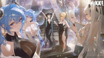 abe (nikke) aliasing ass black hair blonde hair blue eyes blue hair blush bow breasts bubbles cinderella (nikke) cleavage dress elbow gloves fireworks glasses gloves goddess of victory: nikke gray hair gretel (nikke) group hansel (nikke) little mermaid (nikke) logo long hair mirror necklace no bra pantyhose phone ponytail reflection rucarachi see through stairs twins twintails watermark wristwear