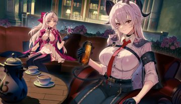 2girls book bow breasts cape carlotta (wuthering waves) chain choker couch dress drink flowers gloves gray eyes gray hair headband horns long hair magic molyb ponytail red eyes shirt sketch tail thighhighs tie wuthering waves zani (wuthering waves)