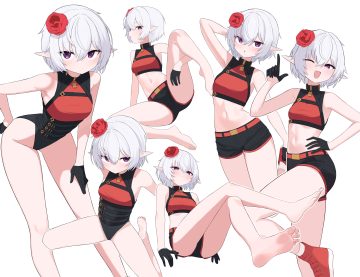 aliasing barefoot bebetang blush cat smile collar dungeon and fighter fang gloves leotard navel pointed ears purple eyes short hair shorts spread legs tagme (character) white white hair wink