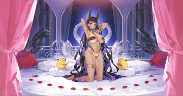 animal animal ears anthropomorphism azur lane barefoot bed bikini bird black hair breasts choker cleopatra (azur lane) dark skin doggirl garter long hair maid manjuu (azur lane) navel petals popqn purple eyes swimsuit tan lines