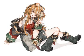 animal ears baifeidaiwang blush brown eyes catgirl chinese clothes fang long hair navel orange hair original shorts torn clothes watermark white