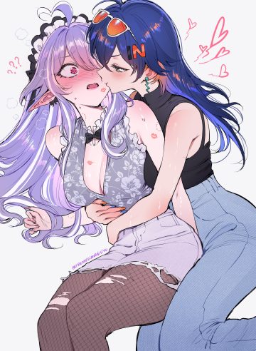 qiandaiyiyu zenless zone zero belle (zenless zone zero) vivian (zenless zone zero) fishnets megane pantyhose pointy ears torn clothes wet yuri