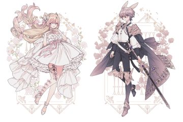 animal ears armor blonde hair blue eyes bow brown eyes brown hair bunny ears cape dress flowers garter lemon89h long hair male original ribbons rose shirt short hair signed sword tattoo twintails weapon white