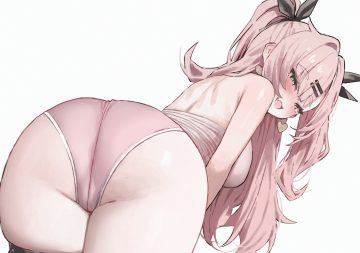 ass blush cat smile fang garter green eyes long hair mochirong nicole demara no bra pink hair polychromatic shorts sketch twintails white zenless zone zero