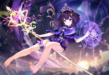 barefoot bow building cape choker clouds dress garter long hair magic original purple eyes purple hair sakutaishi sky staff tiara